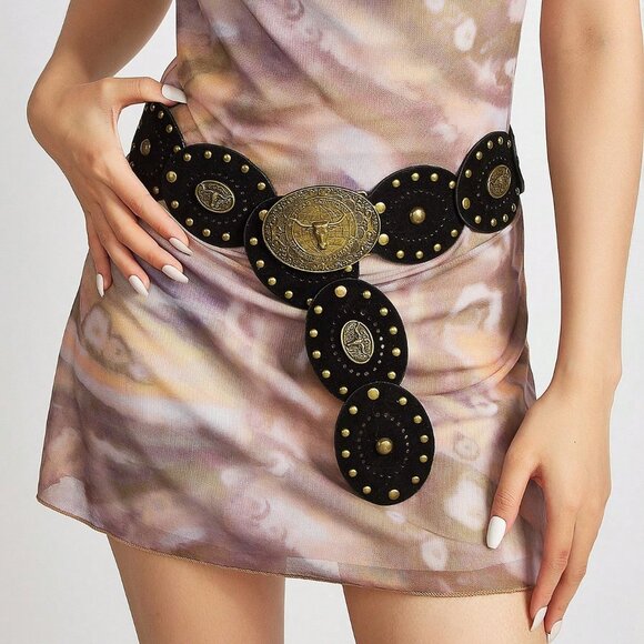 Black Boho Women's Heart Patchwork Belt - Picture 1 of 5